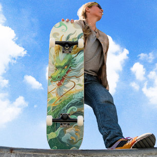 Cool Mythical Green Dragon Soaring in Clouds Skateboard