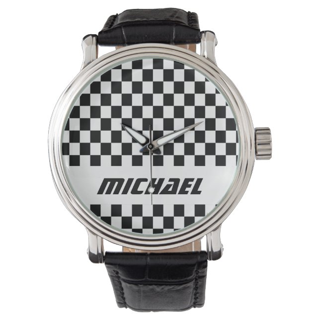 Cool Name Black and White Chequered Racing Watch (Front)