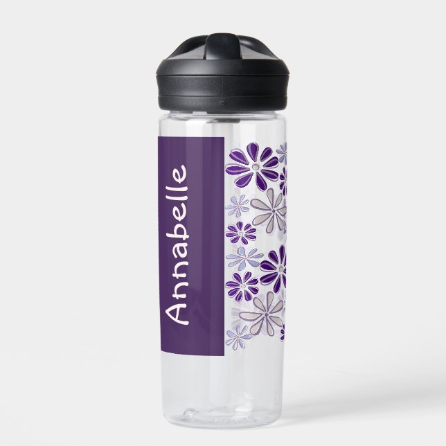 Cool Name Purple Flower Doodle Pattern Water Bottle (Front)