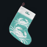 Cool Nautical Blue Crab Custom Beach Small Christmas Stocking<br><div class="desc">Cool nautical Christmas stocking featuring grunge white crabs, and YOUR NAME. Add your custom text, monogram, family name, beach house name, year established, etc - or if you prefer, just delete the text. You an even change the background colour if you like, just click customise further and choose your desired...</div>
