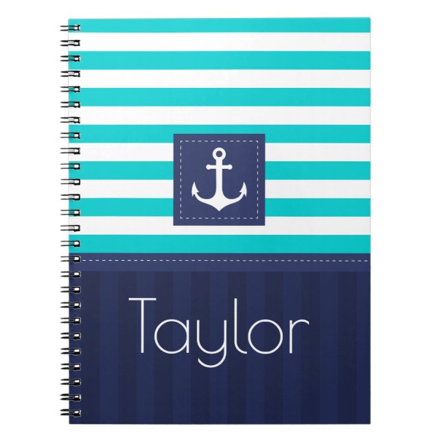 Cool Nautical Blue Stripes Design Personalised Notebook (Front)