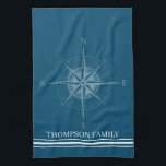 Cool Nautical Compass Personalised Tea Towel<br><div class="desc">Stylish and fun, these towels are the perfect accessory to anyone's kitchen at their beach home or on their boat. The design features a blue background with a soft blue rustic compass image with white typography that can be changed to fit your family's name. Also has three stripes at the...</div>