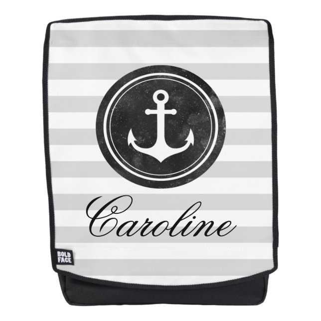 Cool Nautical Grey Stripes Anchor Backpack (Front)