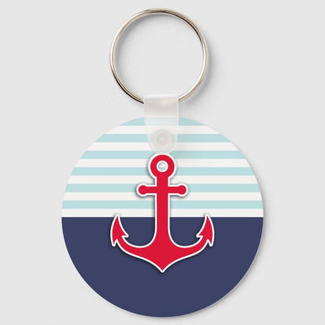 Cool Nautical Navy Blue Red Anchor Design Key Ring (Front)