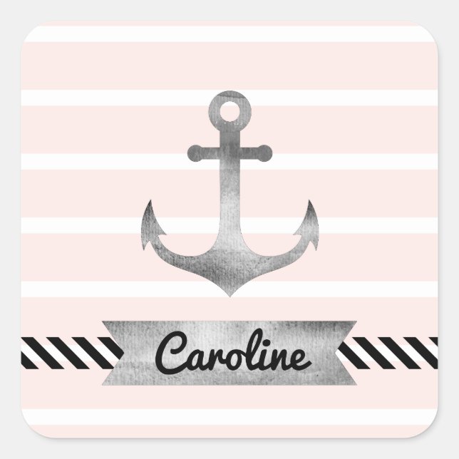 Cool nautical Pink Stripes Anchor Personalised Square Sticker (Front)