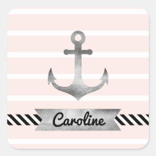 Cool nautical Pink Stripes Anchor Personalised Square Sticker