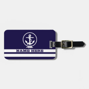 Cool Nautical Stripes and Anchor Monogram Luggage Tag