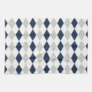 Cool Navy Blue and Grey Argyle Diamond Pattern Tea Towel