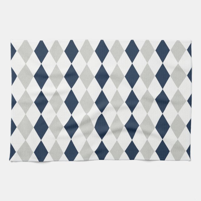 Cool Navy Blue and Grey Argyle Diamond Pattern Tea Towel (Horizontal)