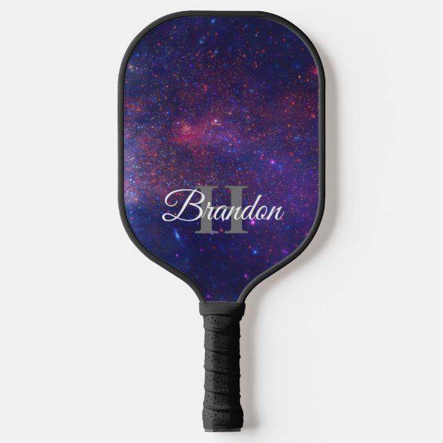 Cool Navy Blue Monogram Custom Galaxy Nebula Pickleball Paddle (Front)