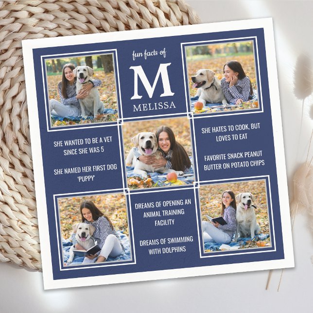Cool Navy Blue Photo Collage Graduation Fun Facts Napkin (Creator Uploaded)