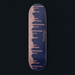 Cool Navy Blue Rose Gold Glitter Sparkle Drips Skateboard<br><div class="desc">Girly Cool Navy Blue and Pink Rose Gold Glitter Sparkle Drips Skateboard with faux glitter drips and your personalised name on a chic navy blue background. Easy to customise and perfect for your glitter aesthetic.</div>