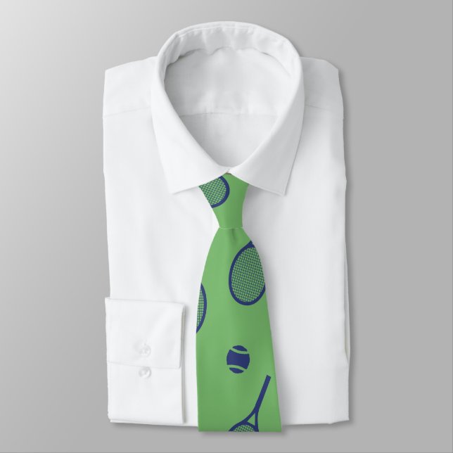 Cool Navy Blue Tennis Racquets Ball Pattern Green Tie (Tied)