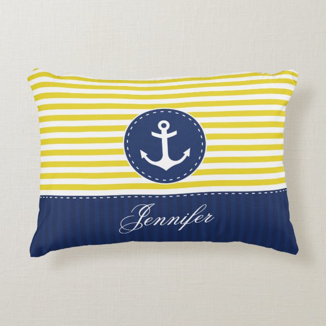 Cool Navy Blue Yellow Anchor Personalised Text Decorative Cushion (Front)
