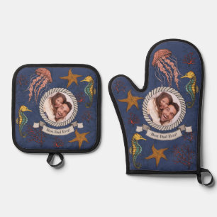 Cool Navy Nautical Seahorse Photo Best Dad Ever Oven Mitt & Pot Holder Set