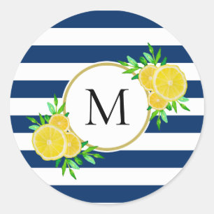 Cool Navy Stripe Yellow Watercolor Lemons Monogram Classic Round Sticker