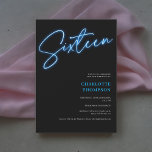 Cool neon blue script retro black photo Sweet 16 Invitation<br><div class="desc">Cool neon blue script retro black photo Sweet 16 invitation.</div>