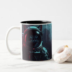 Cool neon core sci-fi cat in space suit and moon Two-Tone coffee mug