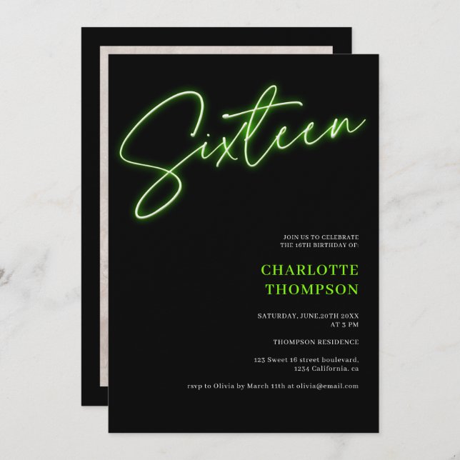 Cool neon green script retro black photo Sweet 16 Invitation (Front/Back)