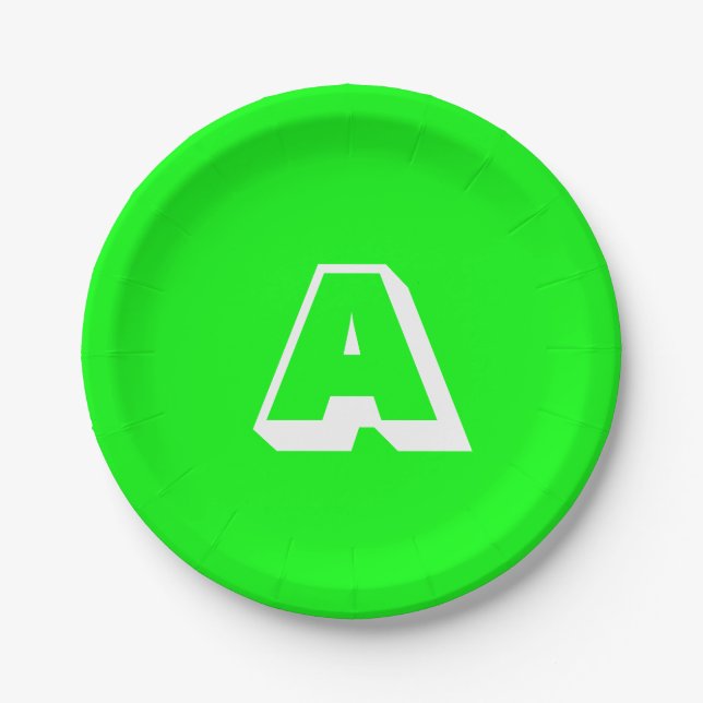 Cool neon green white custom monogram initial paper plate (Front)