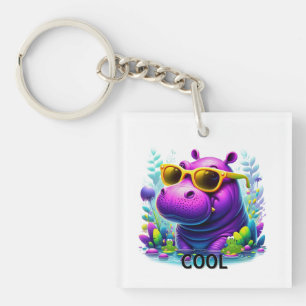 Cool Neon Hippo Lounging in the Swamp Key Ring