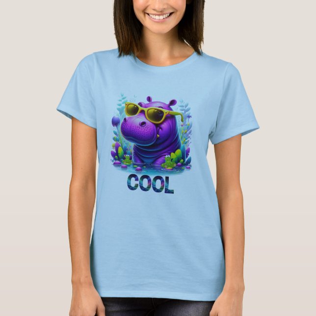 Cool Neon Hippo Lounging in the Swamp T-Shirt (Front)