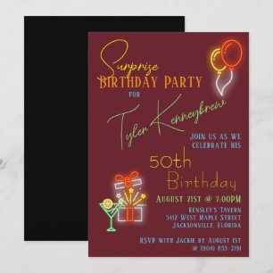 Cool Neon-Inspired Surprise Birthday Party Invitation