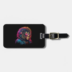 Cool neon party lion in headphones and sunglasses luggage tag