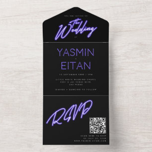 Cool Neon Purple Glow Black Modern Wedding All In One Invitation