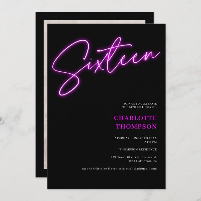 Cool neon purple script retro black photo Sweet 16 Invitation (Front/Back)
