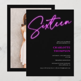 Cool neon purple script retro black photo Sweet 16 Invitation