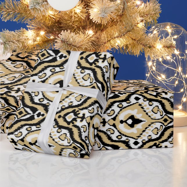Cool neutral black white beige ikat tribal pattern wrapping paper (Holidays)