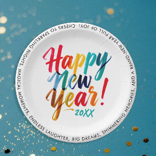 Cool New Years Eve Colorful Rainbow Brush Script Paper Plate