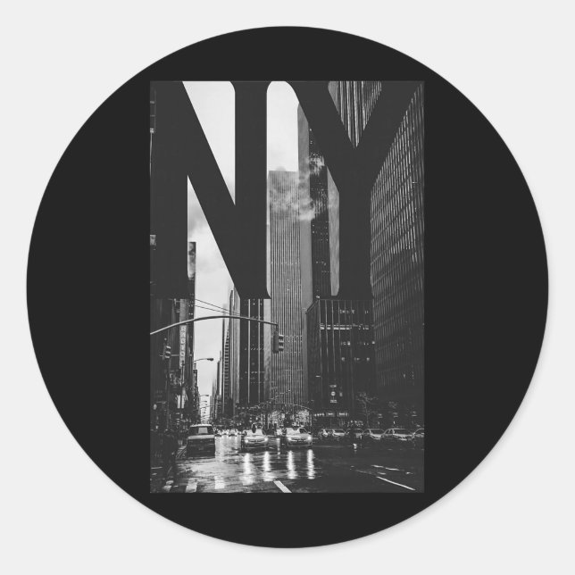 Cool New York City Abstract Skyline, Black &amp; W Classic Round Sticker (Front)