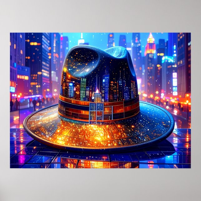 Cool New York City Hat in a NYC Street Nightscape Poster (Front)