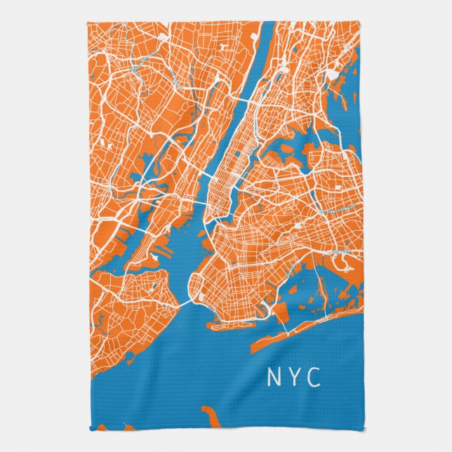 Cool New York City Map | NYC | Turquoise & Orange Tea Towel (Vertical)