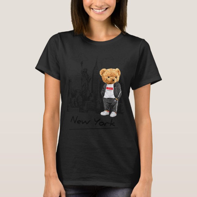 Cool New York City Teddy Bear Illustration Graphic T-Shirt (Front)