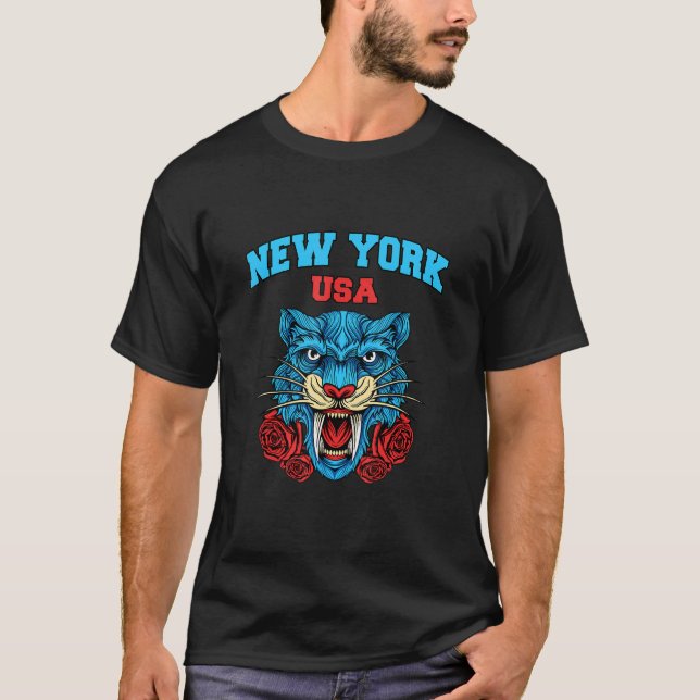 Cool New York With Floral Wild Tiger Illustration  T-Shirt (Front)