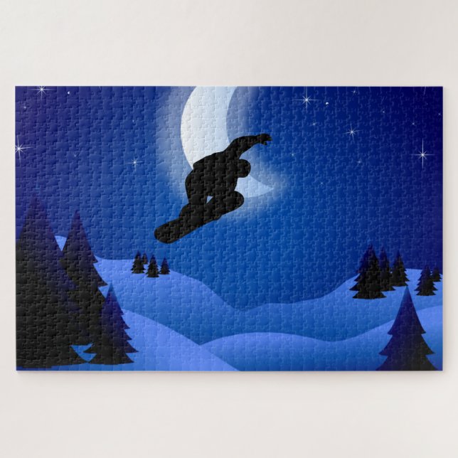 Cool Night Silhouette Snowboarding Mountain Jigsaw Puzzle (Horizontal)