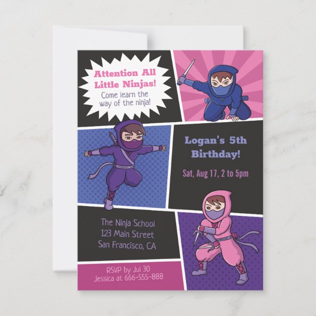 Cool Ninja School Kids Birthday Party Invitation (Front)