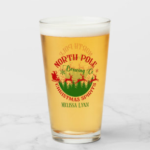 cool North Pole Brewing company Christmas add name Glass