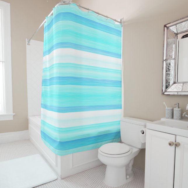 Cool Ocean Blue Aqua Turquoise Watercolor Stripes Shower Curtain (In Situ)