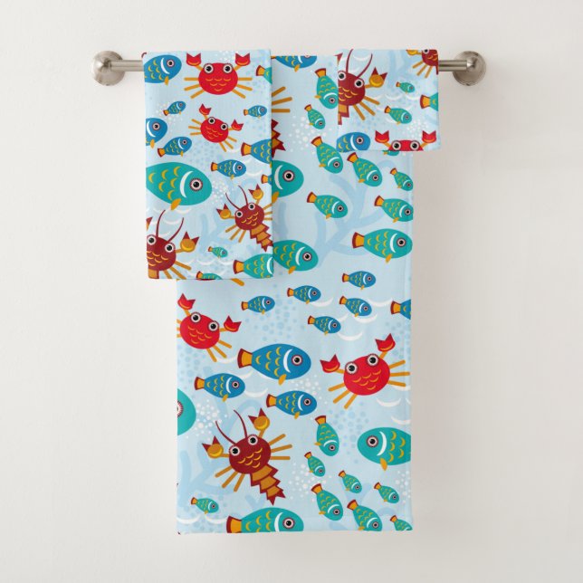 Cool Ocean Marine Life Fish and Crab Bath Towel Set (Insitu)