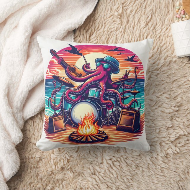 Cool Octopus Playing Music By The Beach Sunset Cushion (Blanket)