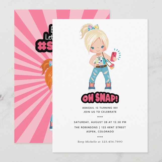 Cool Oh Snap! Selfie Girl Birthday Party Invitation (Front/Back)