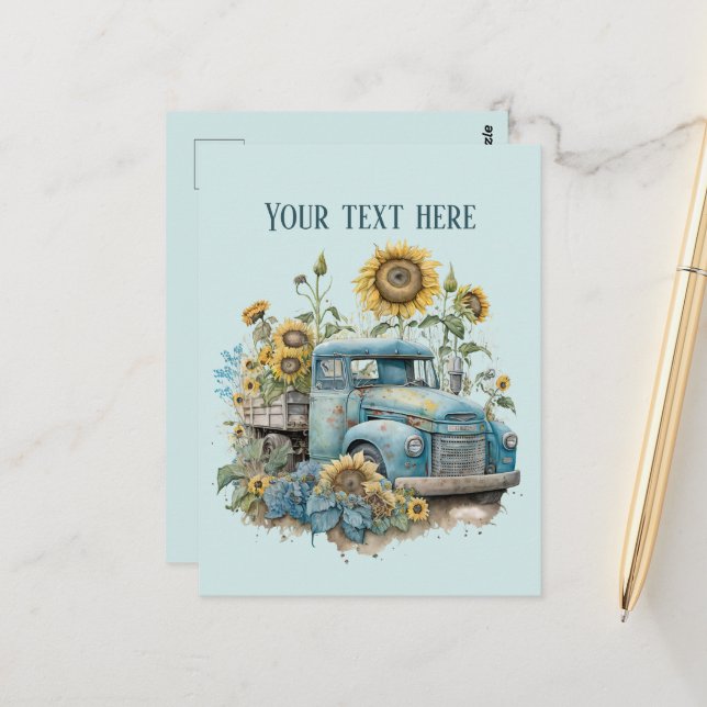 Cool old Farmers truck sunflowers add text Postcard (Front/Back In Situ)