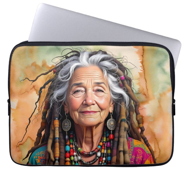 Cool Old Lady in Dread Locks Hippie Woman Blank Laptop Sleeve (Front)