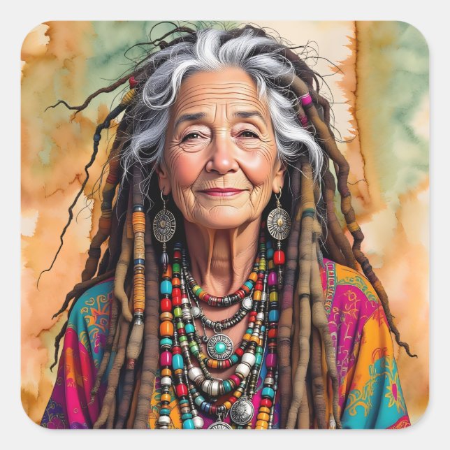 Cool Old Lady in Dread Locks Hippie Woman Square Sticker (Front)