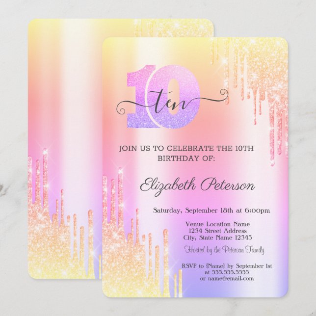 Cool Ombre Glitter Drips 10th Birthday  Invitation (Front/Back)