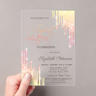 Cool Ombre Glitter Drips Rose Gold  Sweet 16 Acrylic Invitations